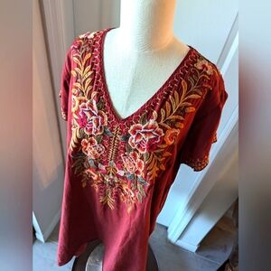 Johnny Was Brick Red Embroidered Mini Shift Dress